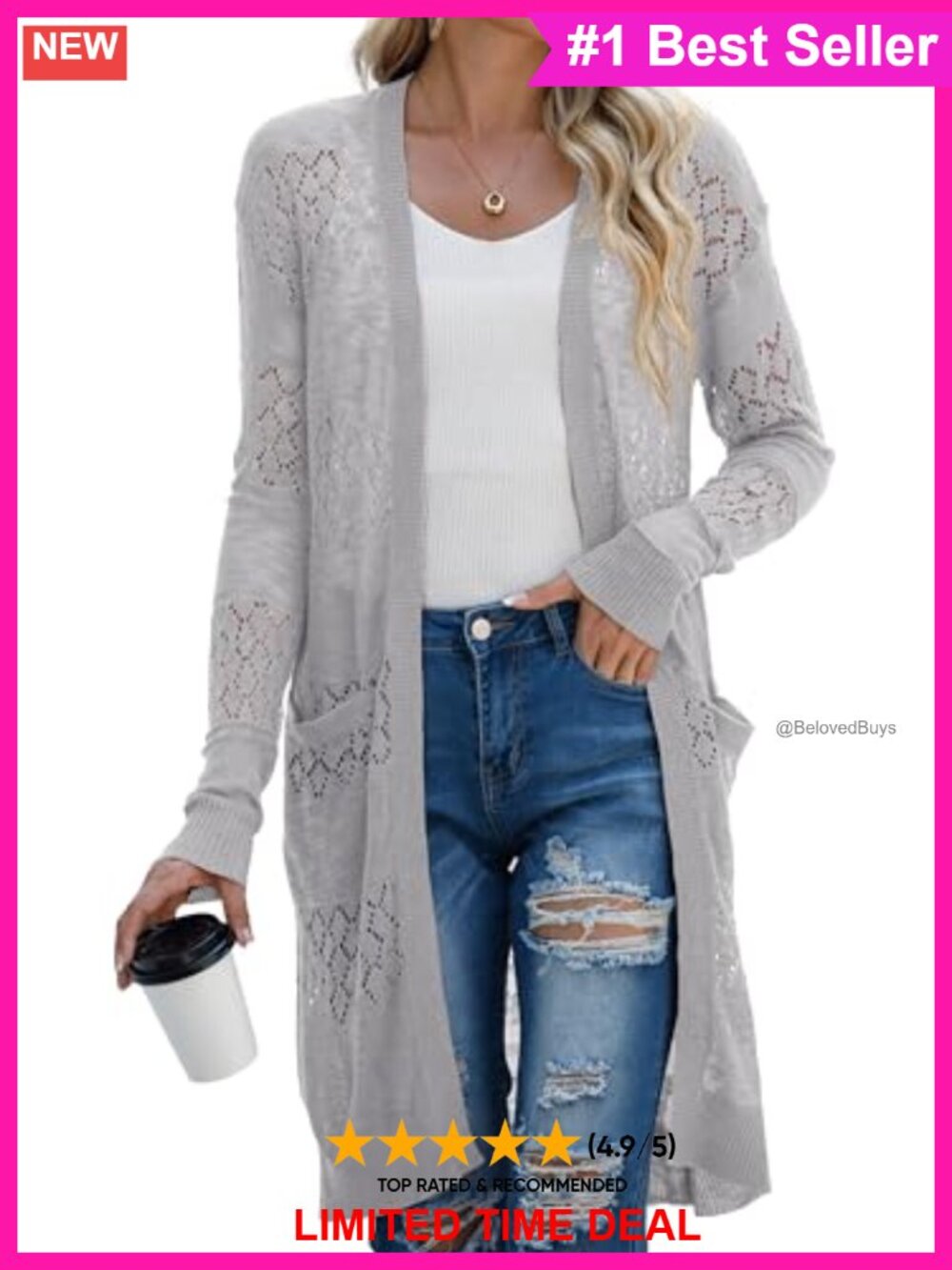 Lightweight Crochet Knit Long Open Front Cardigan Sweater with Pockets